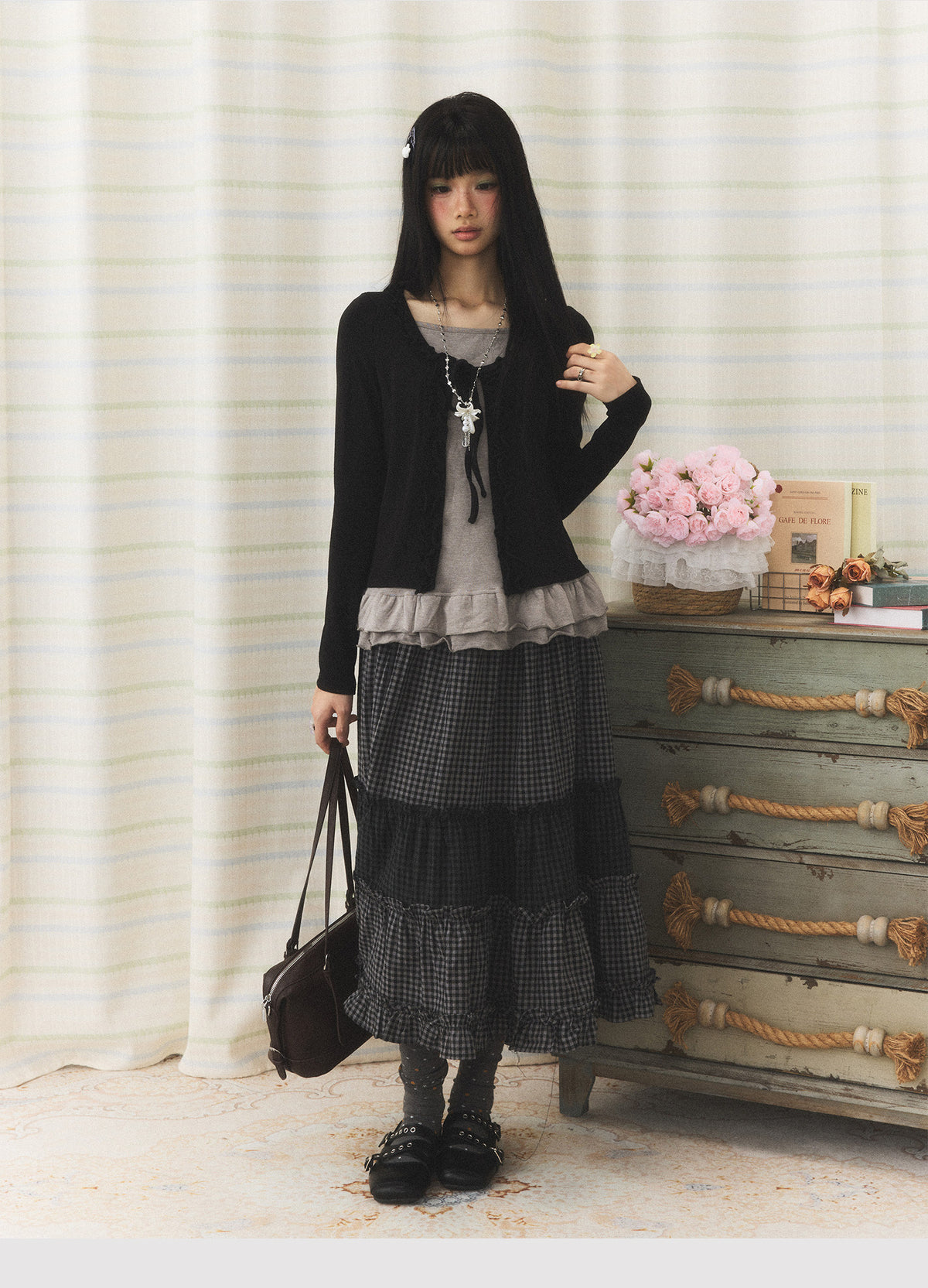 Mixed Plaid Tiered Ruffle Midi Skirt