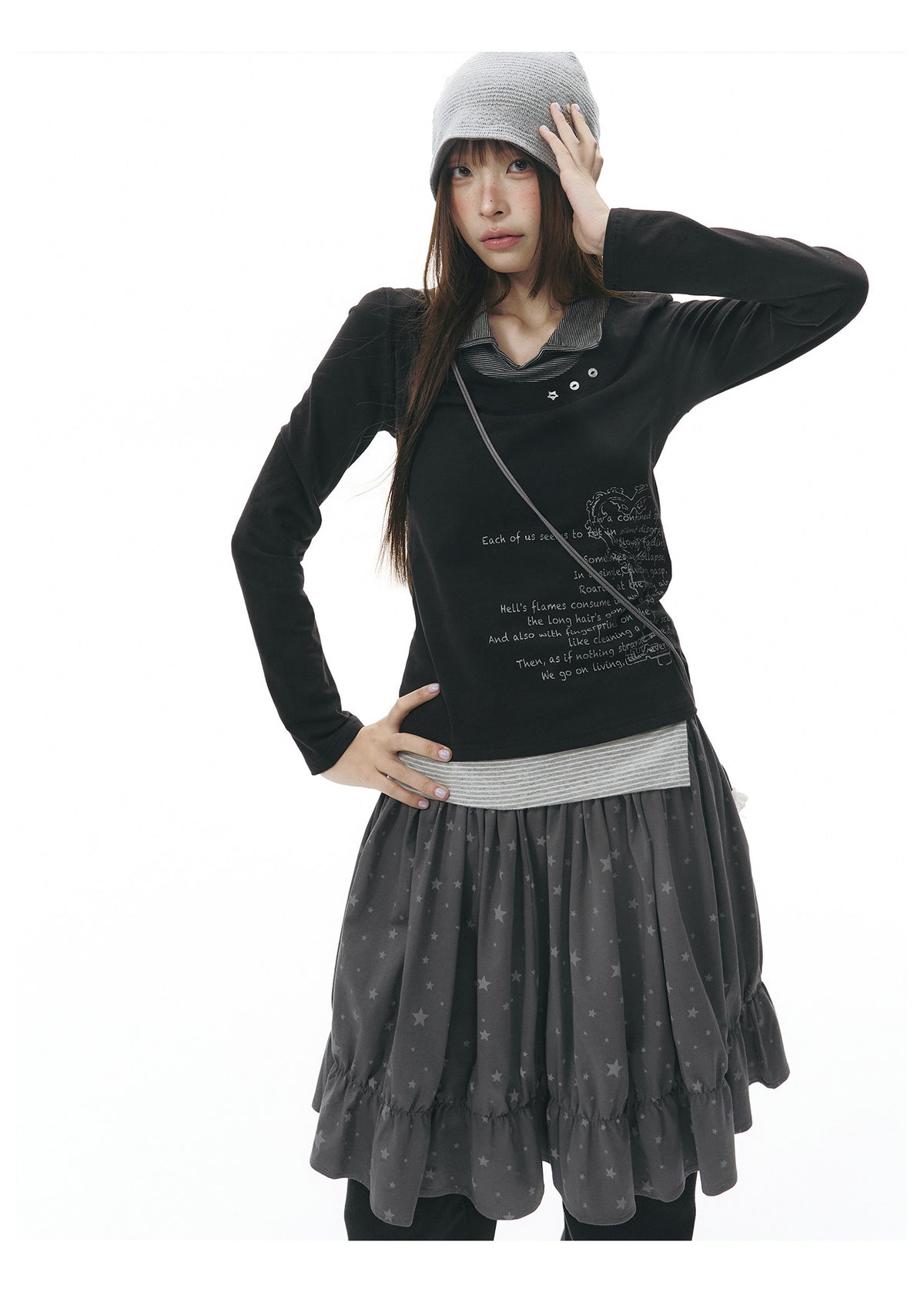 Star Print Striped-Waist Ruffle Midi Skirt