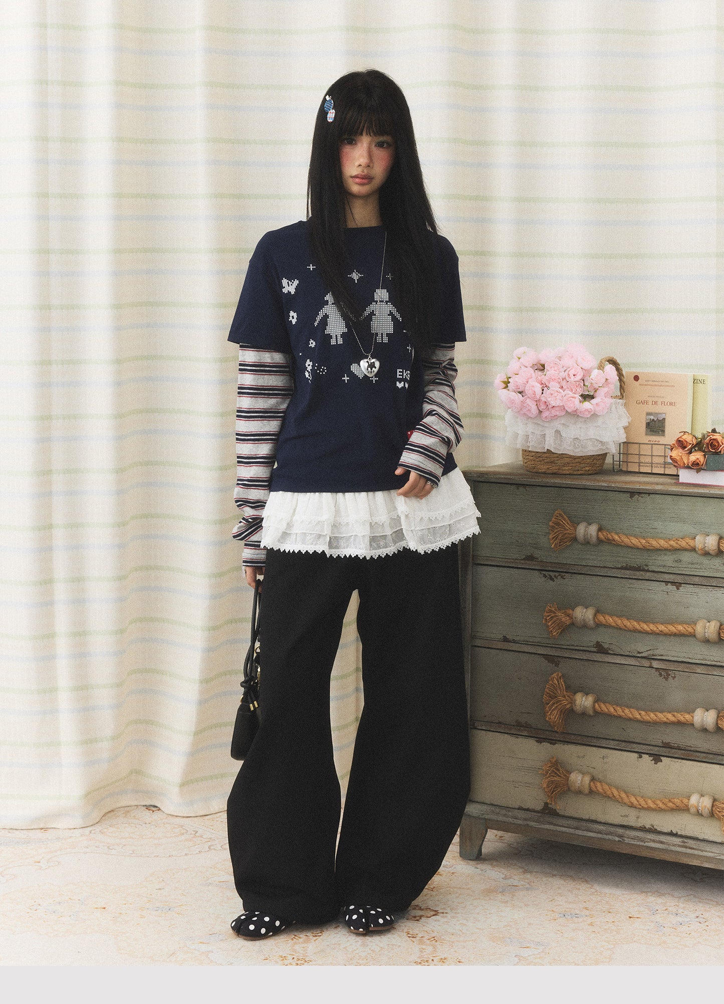Navy Pixel Girl Stripe Faux-Layer Long-Sleeve Tee