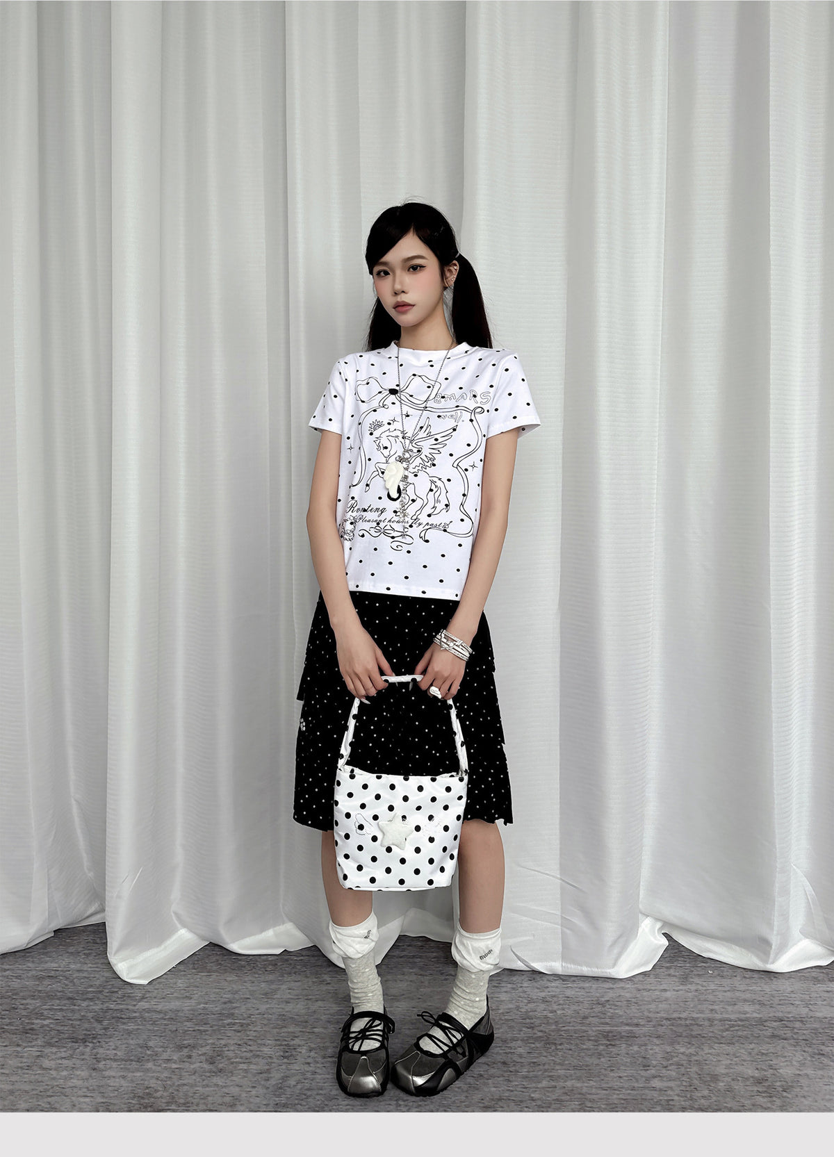 Paw Embroidered Polka Dot Tiered Midi Skirt