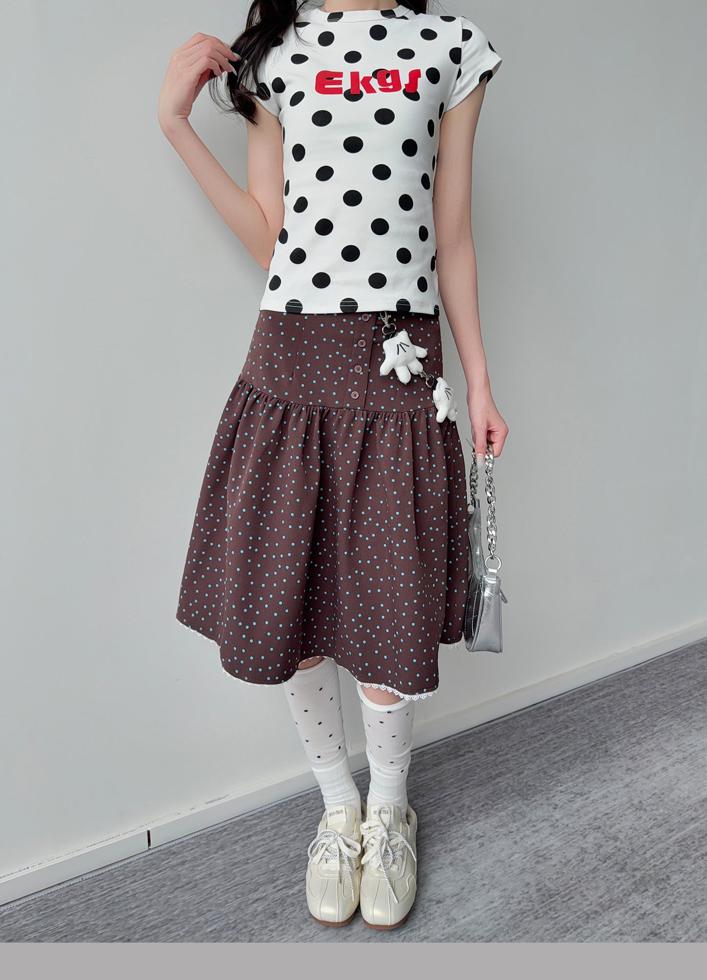 Polka Dot Button Tiered Midi Skirt