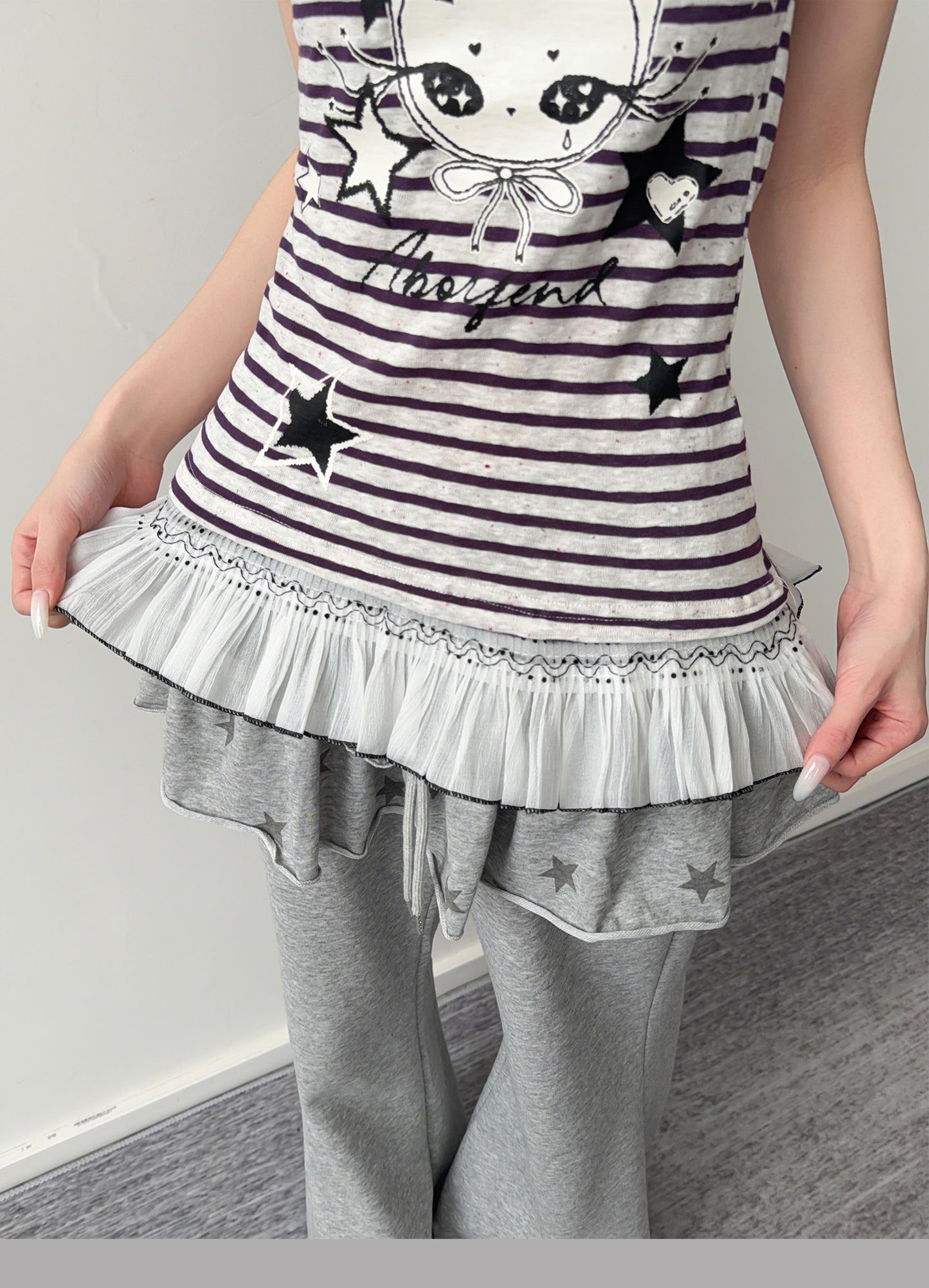 Purple Stripe Star Girl Ruffle-Hem Tee