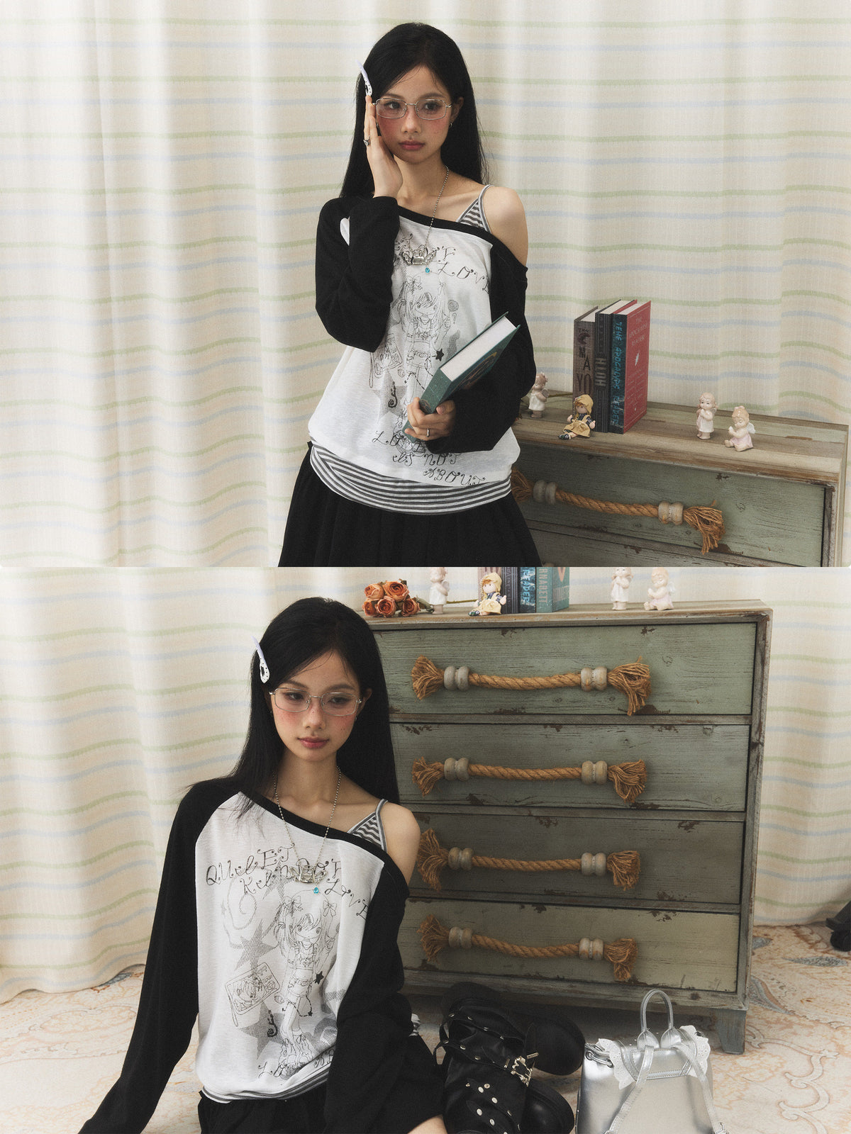 Anime Girl Asymmetric Layered Long Sleeve Top