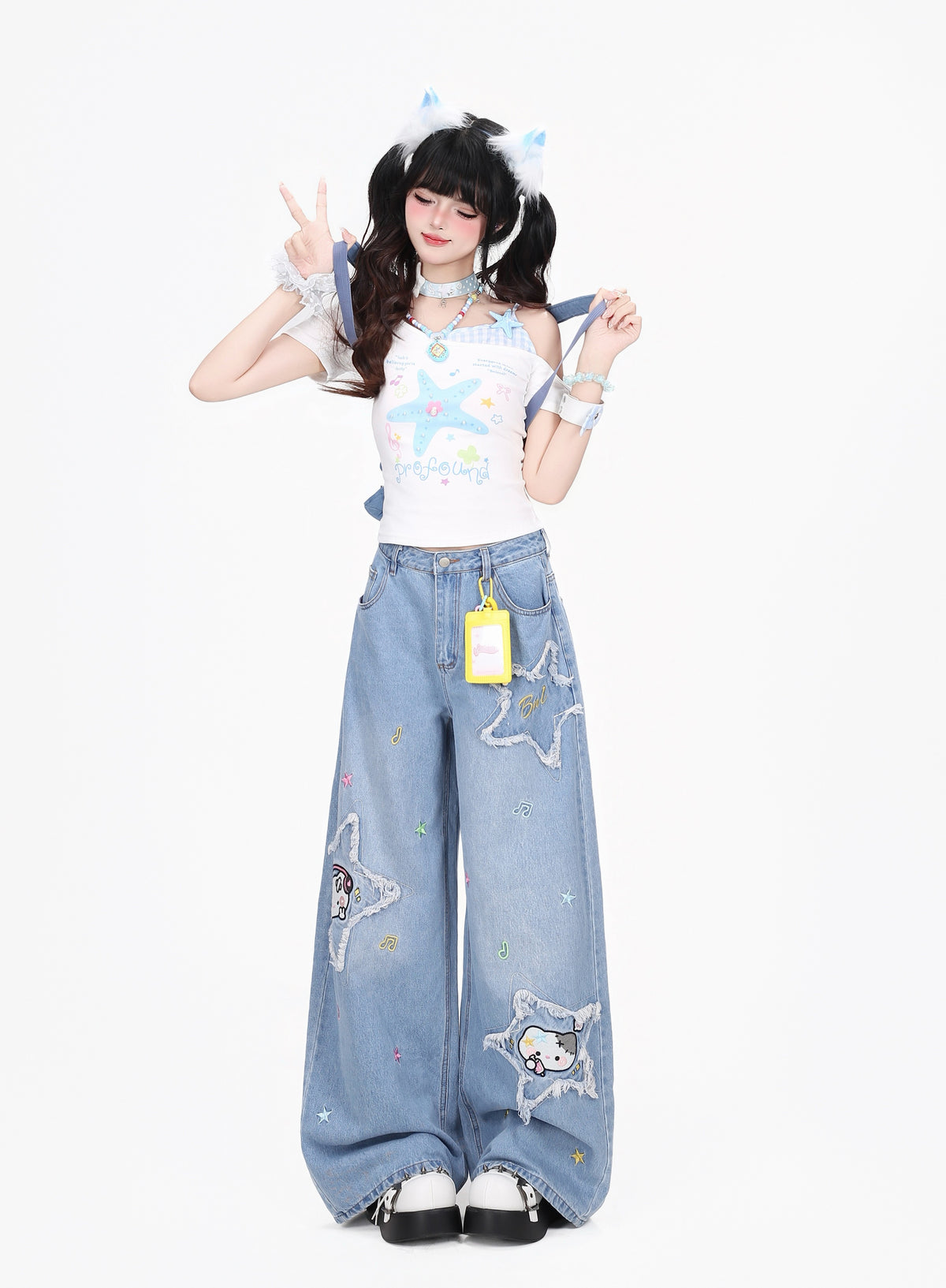 Star Cat Patch Wide-Leg Jeans with Card Holder Charm