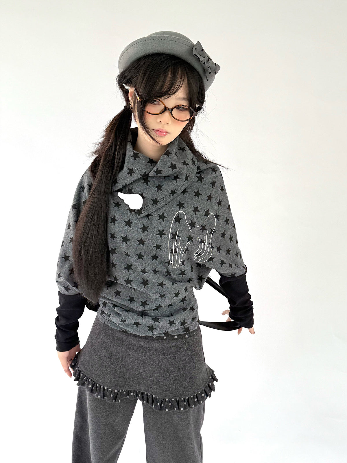 Asymmetric Star Drape Faux-Layer Long Sleeve Top