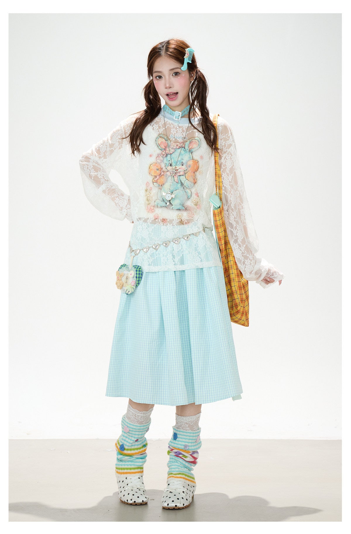 Bunny Sheer Lace Long Sleeve Top & Mint Plaid A-Line Skirt
