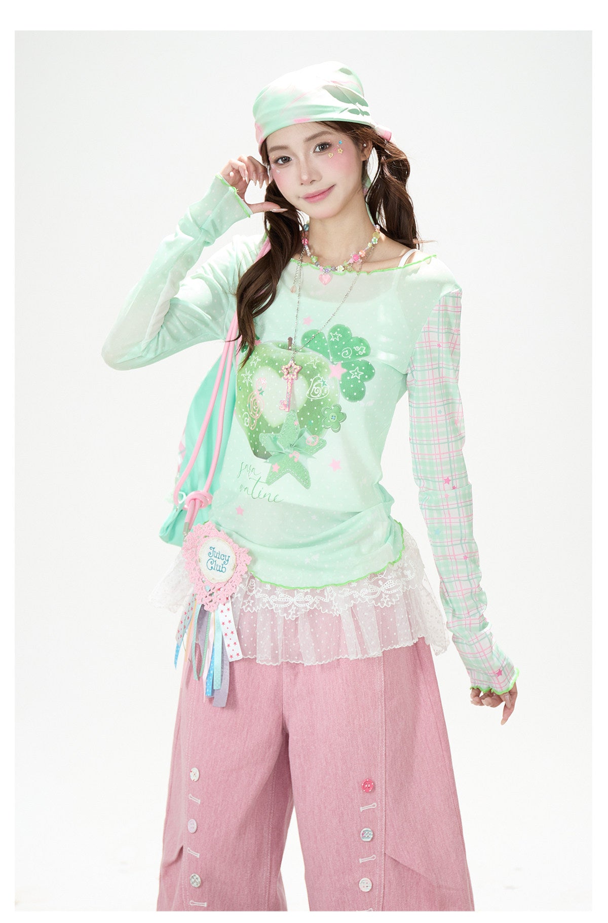 Apple Plaid Mesh Long Sleeve Top & Pink Polka Dot Wide Leg Pants