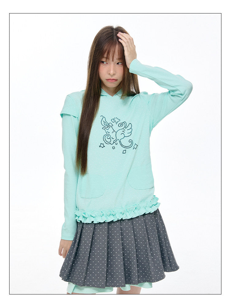 Rhinestone Graphic Faux-Layer Ruffle-Hem Hoodie