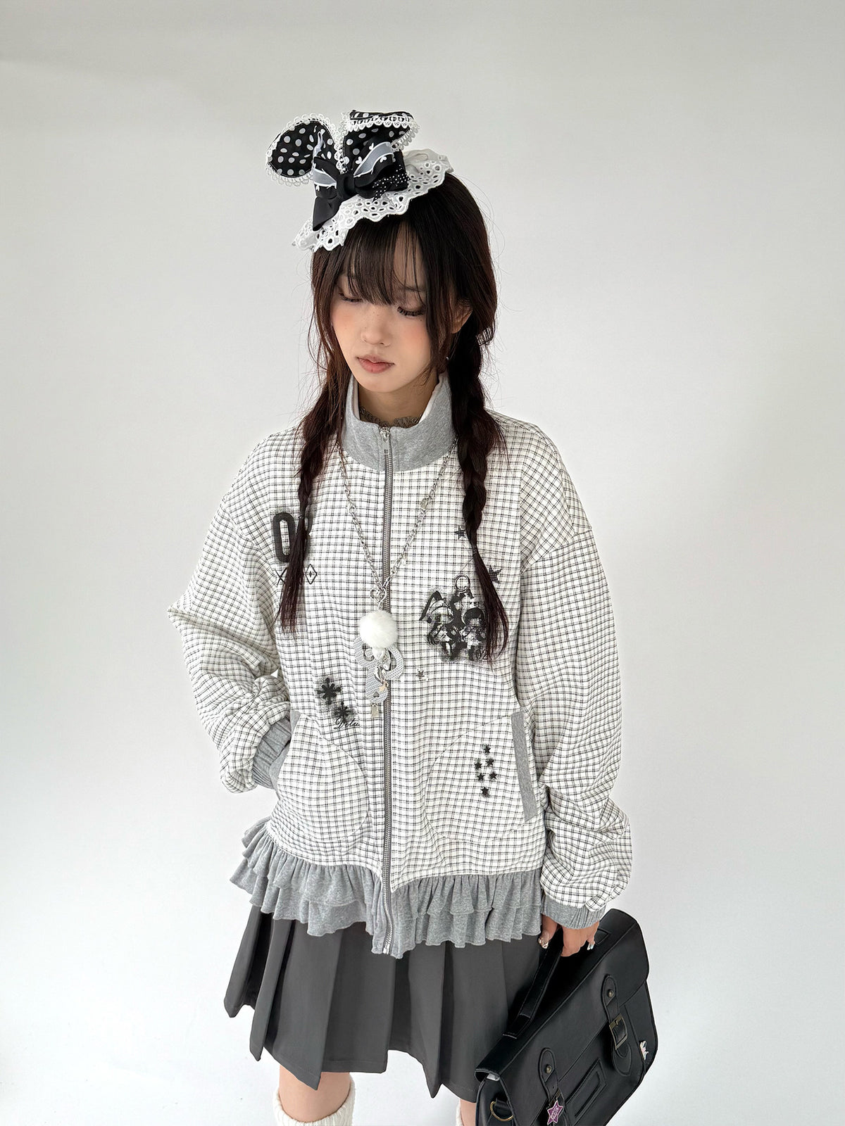 Sugar Check Graphic Ruffle-Hem Zip-Up Jacket