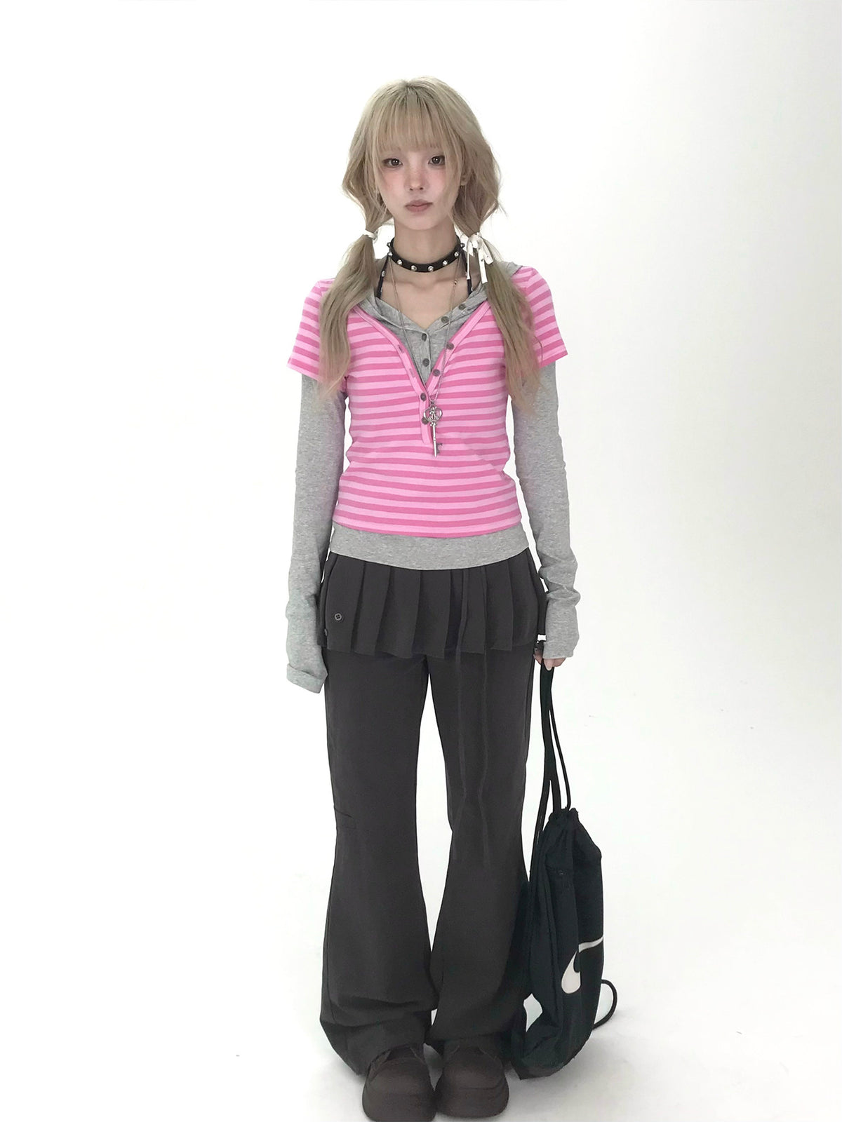 Gray Low-Rise Pleated Skirt Pants