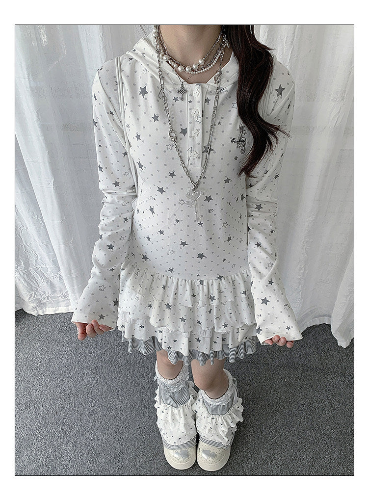 Star Print Ruffle-Hem Hooded Long Sleeve Top