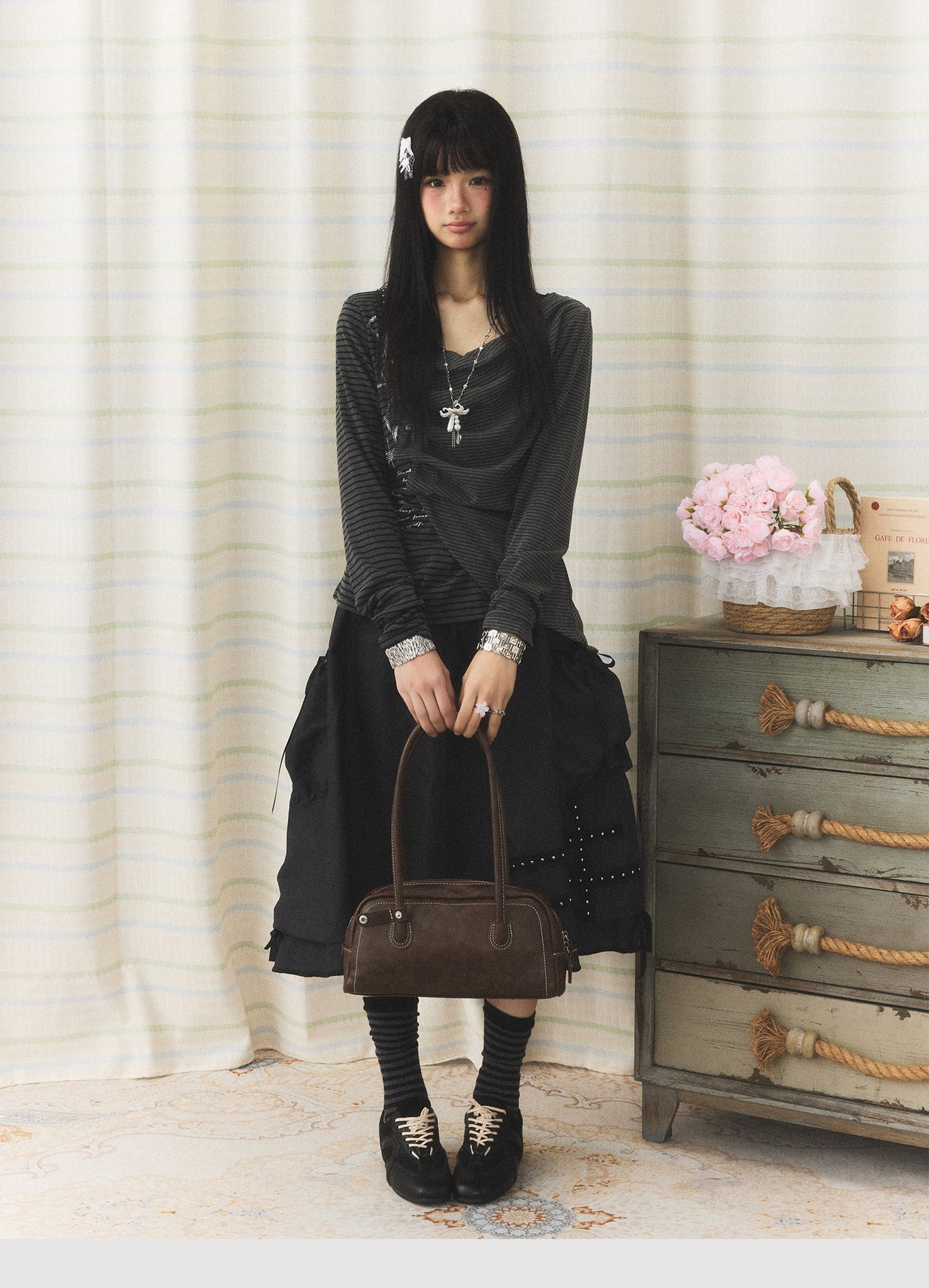 Charcoal Stripe Studded Draped-Neck Long-Sleeve Top