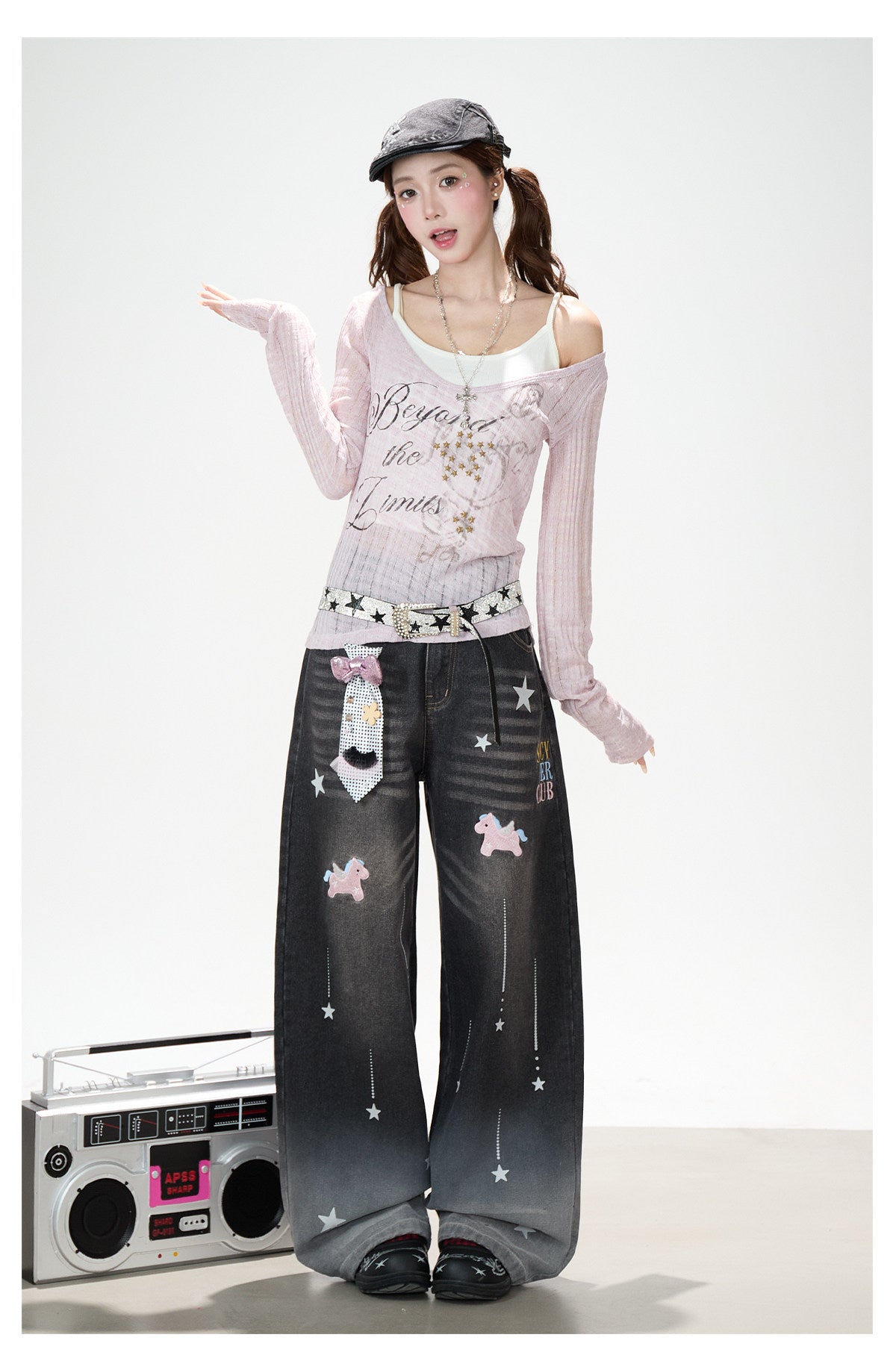 Dreamy Unicorn Star Washed Wide-Leg Jeans