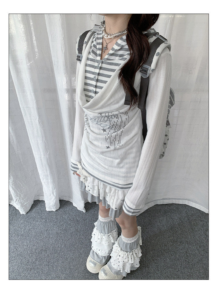 Draped Stripe-Collar Faux-Layer Long-Sleeve Top