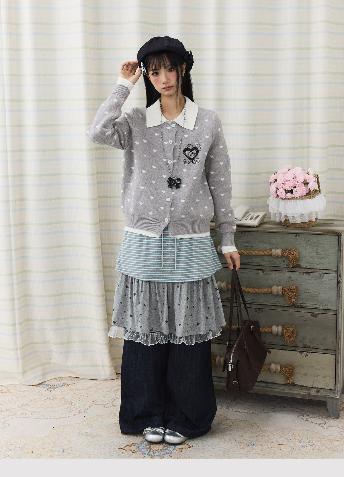 Star Stripe Layered Skirt Wide-Leg Pants