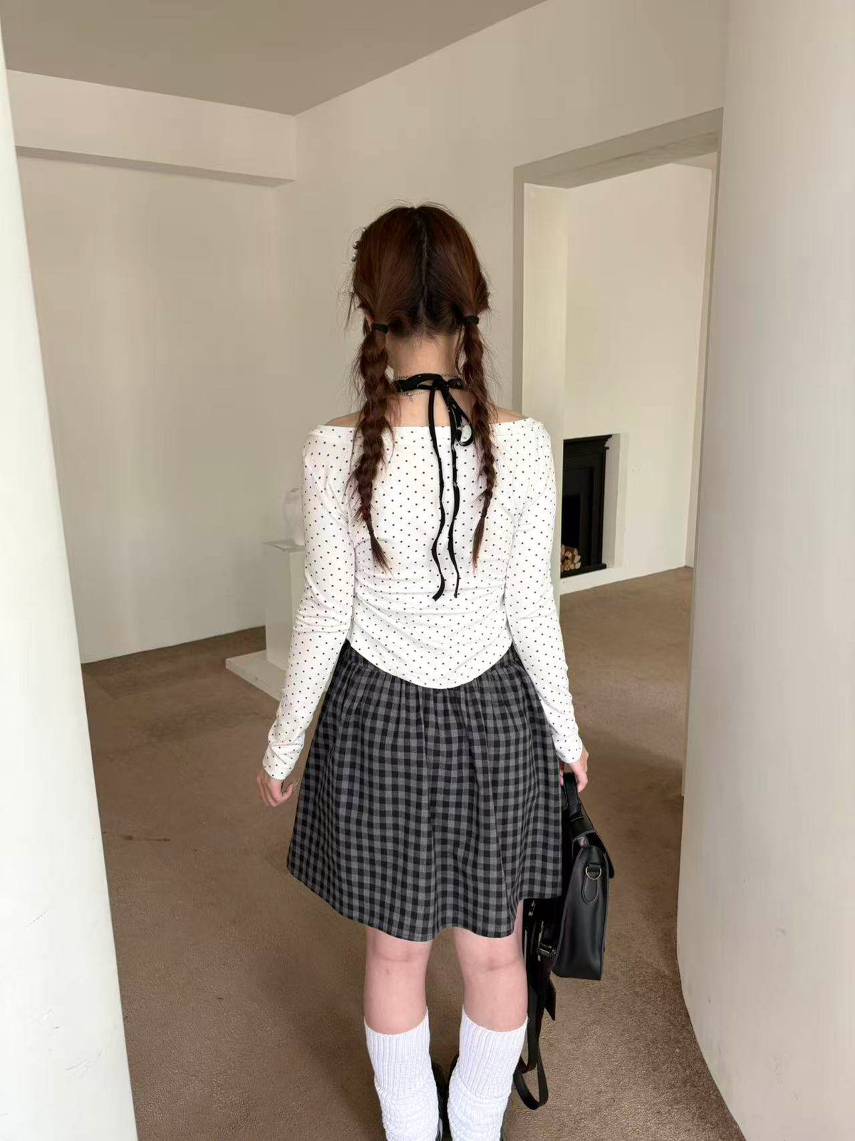 White Polka Dot Puppy Off-Shoulder Long Sleeve Top