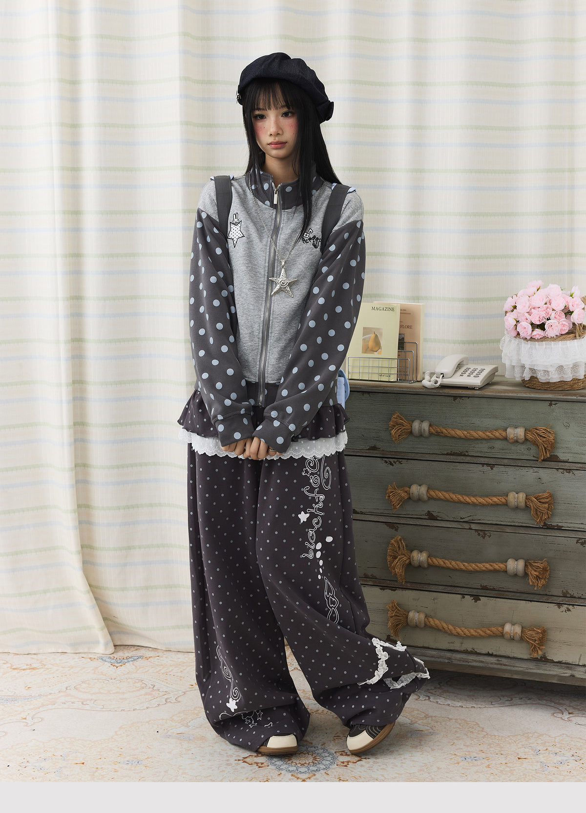Polka Dot Lace Ruffle-Layer Wide-Leg Pants