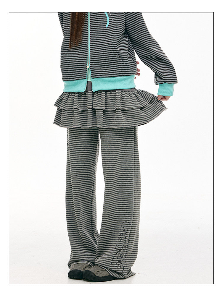 Striped Ruffle-Overlay Wide-Leg Pants