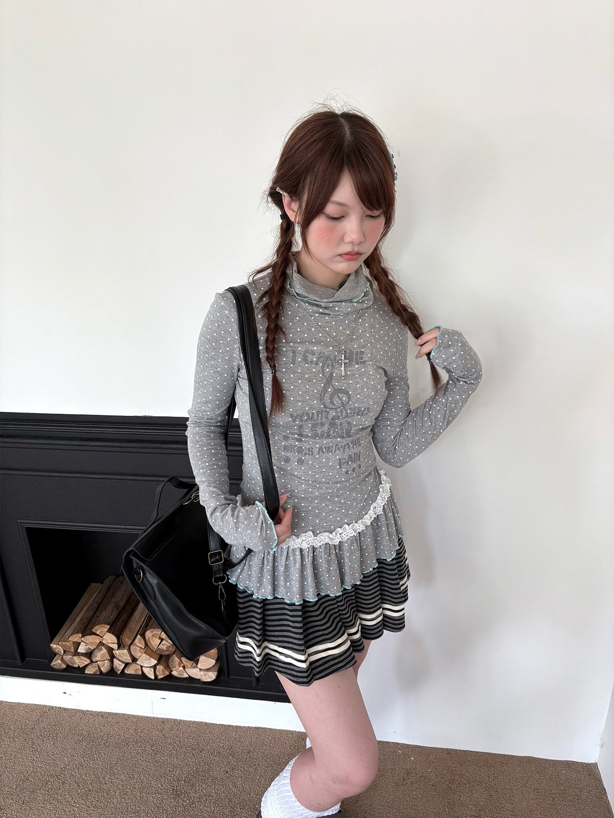 Polka Dot Lace-Trim Mock-Neck Long Sleeve Top