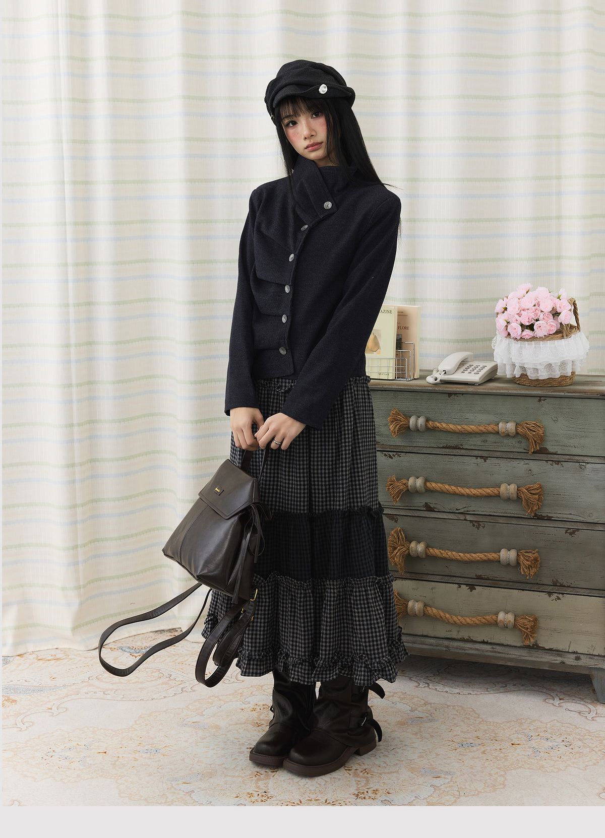 Asymmetric Pleated Collar Cropped Button Jacket