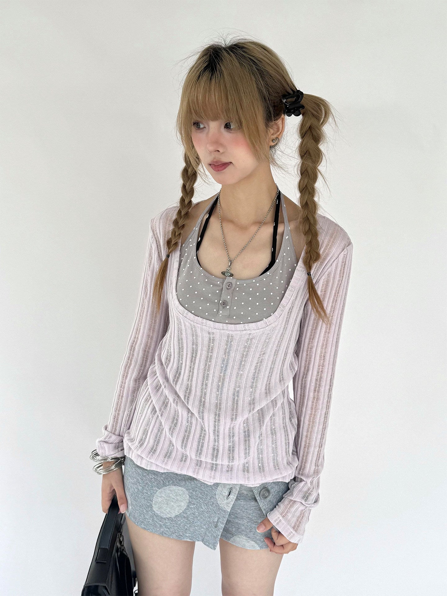 Wisteria Open-Knit Faux-Layer Long Sleeve Top