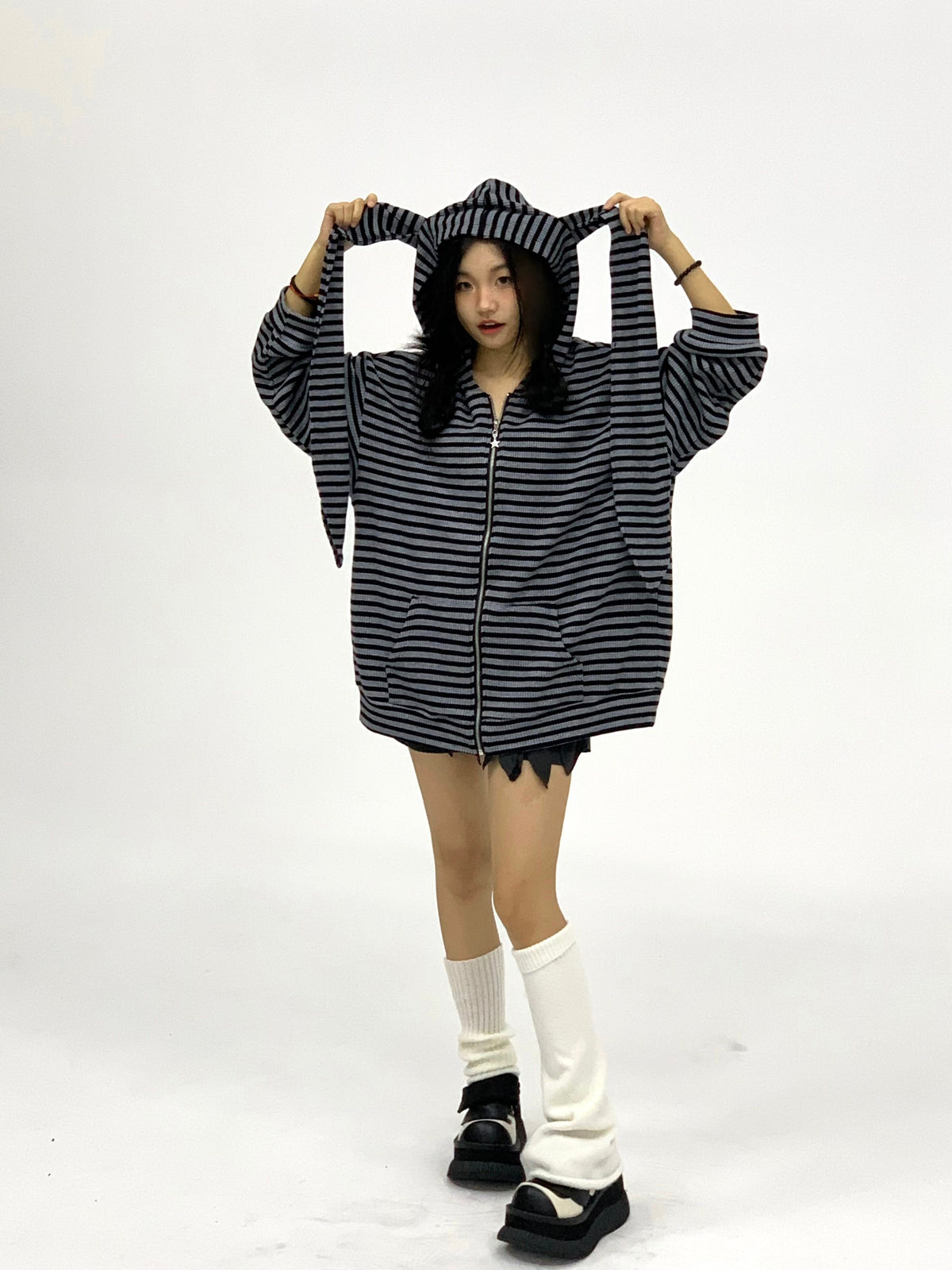 Shadow Stripe Bunny Ear Zip Hoodie