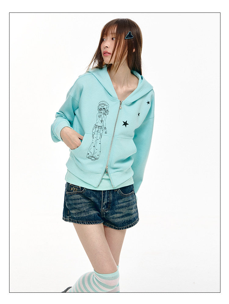 Mint Star Double-Zip Cropped Hoodie
