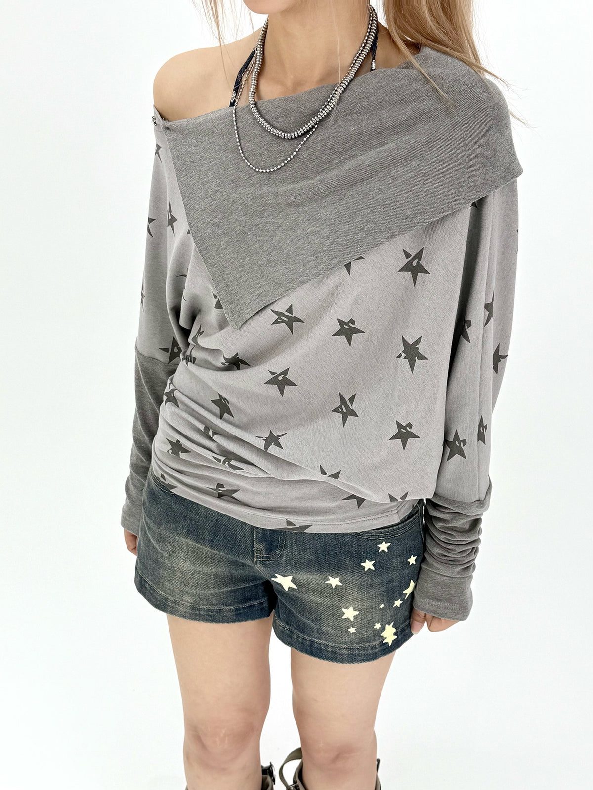 Star Print Draped Off-Shoulder Long Sleeve Top