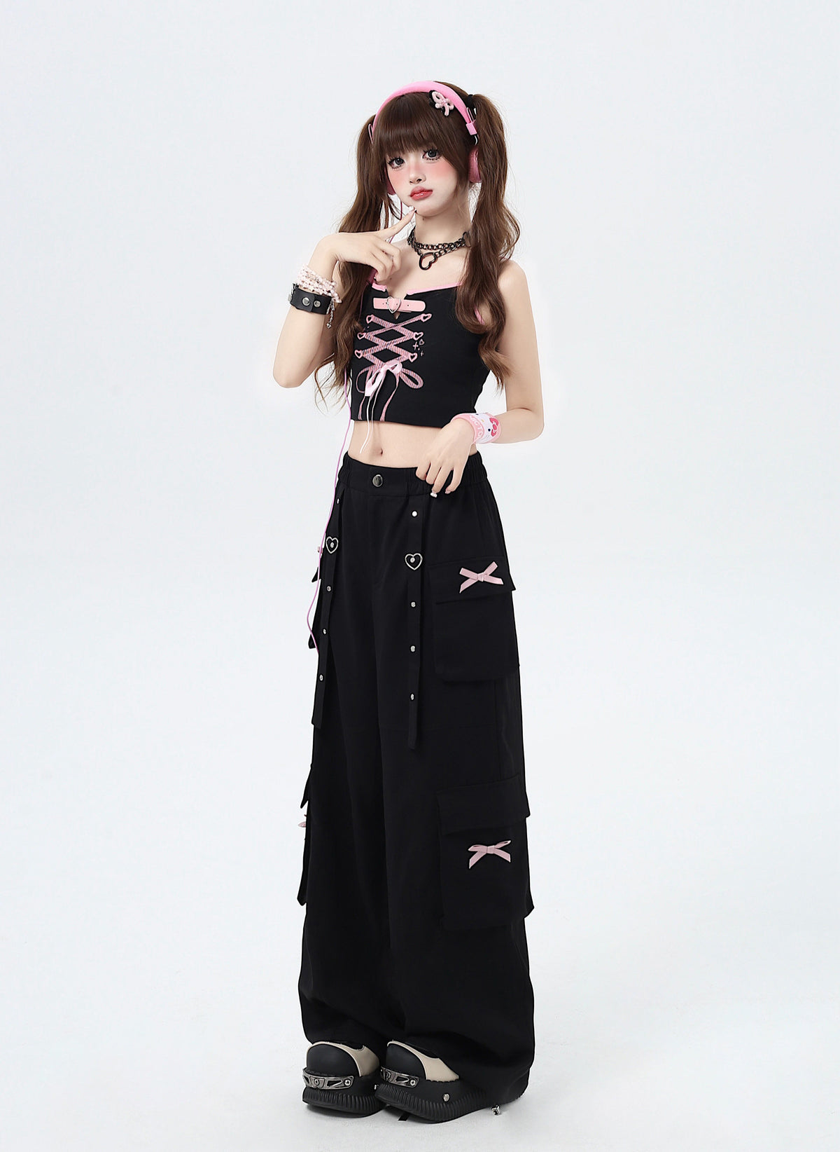 Heart Bow Pocket Wide-Leg Cargo Pants
