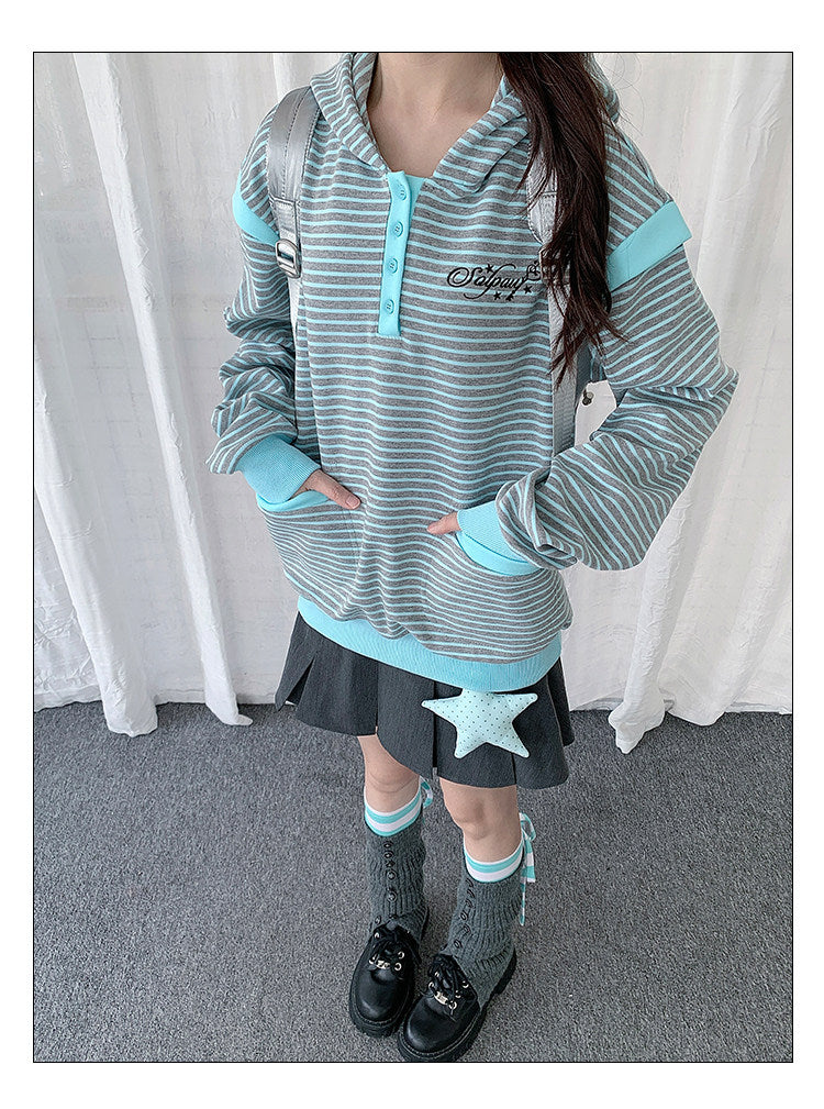 Striped Half-Placket Hooded Pullover