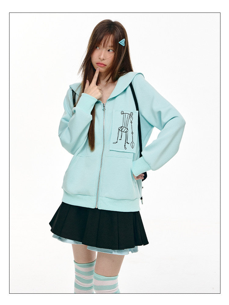 Mint Sailor-Collar Graphic Zip-Up Jacket