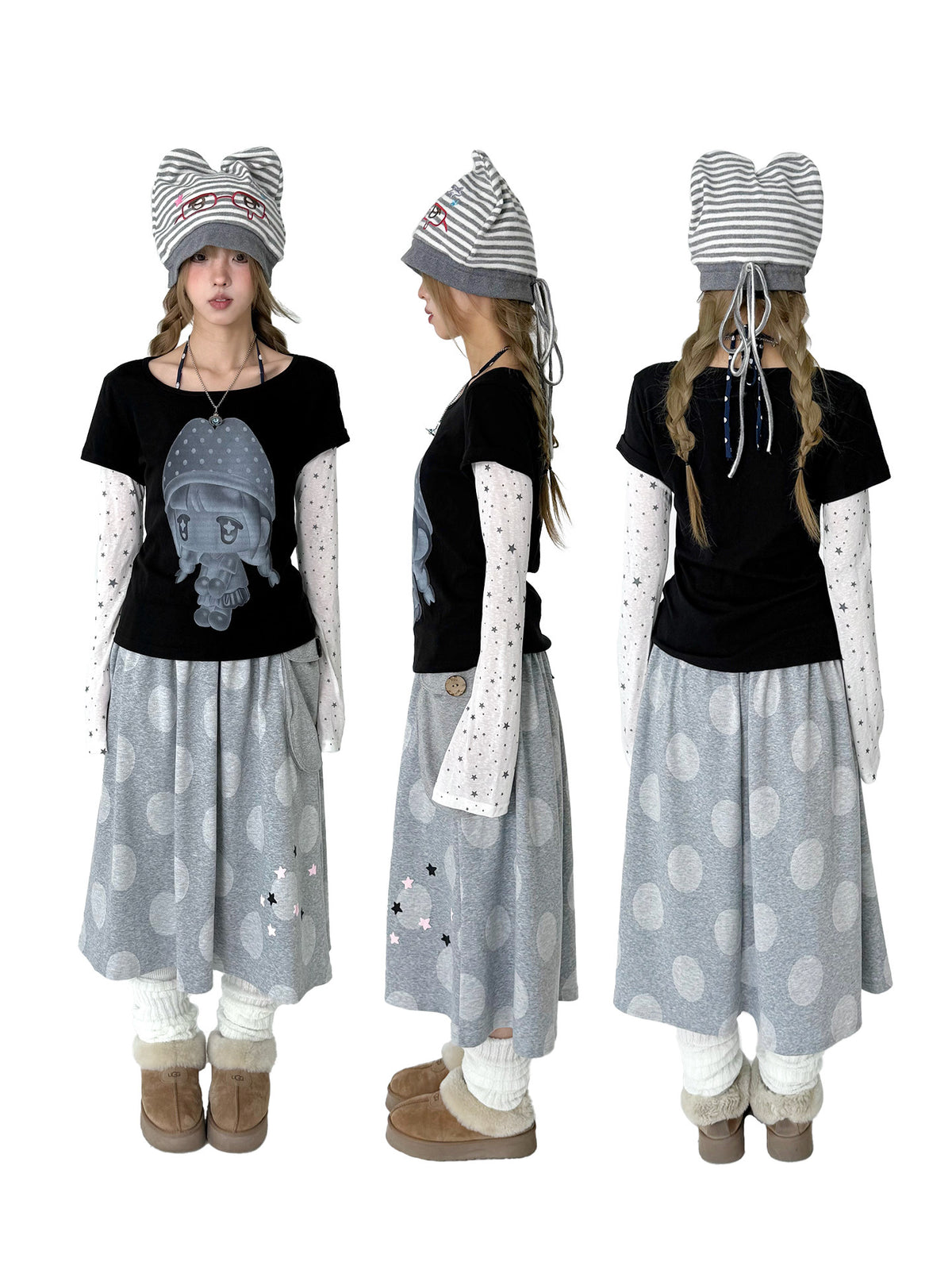 Mushroom Girl Star Faux-Layered Long Sleeve Tee