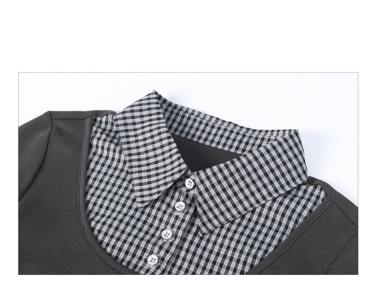 Plaid Collar Faux-Layer Long Sleeve Top