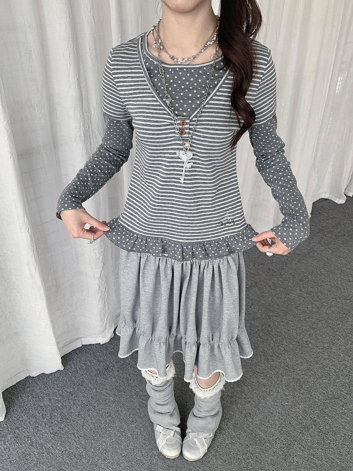 Polka Dot Stripe Ruffle Layered Long Sleeve Top