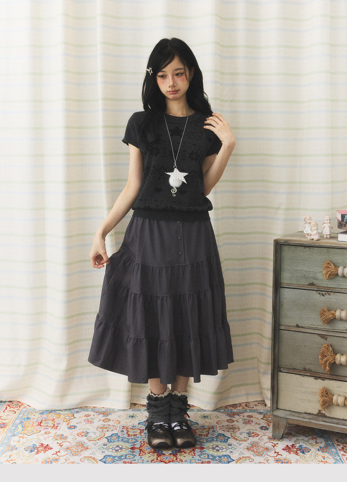 Vintage Jacquard Knit Short Sleeve Top