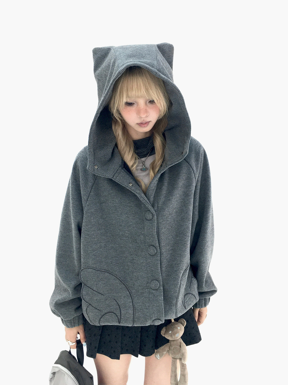 Cloud Gray Cat Ear Wing Pocket Hooded Jacket