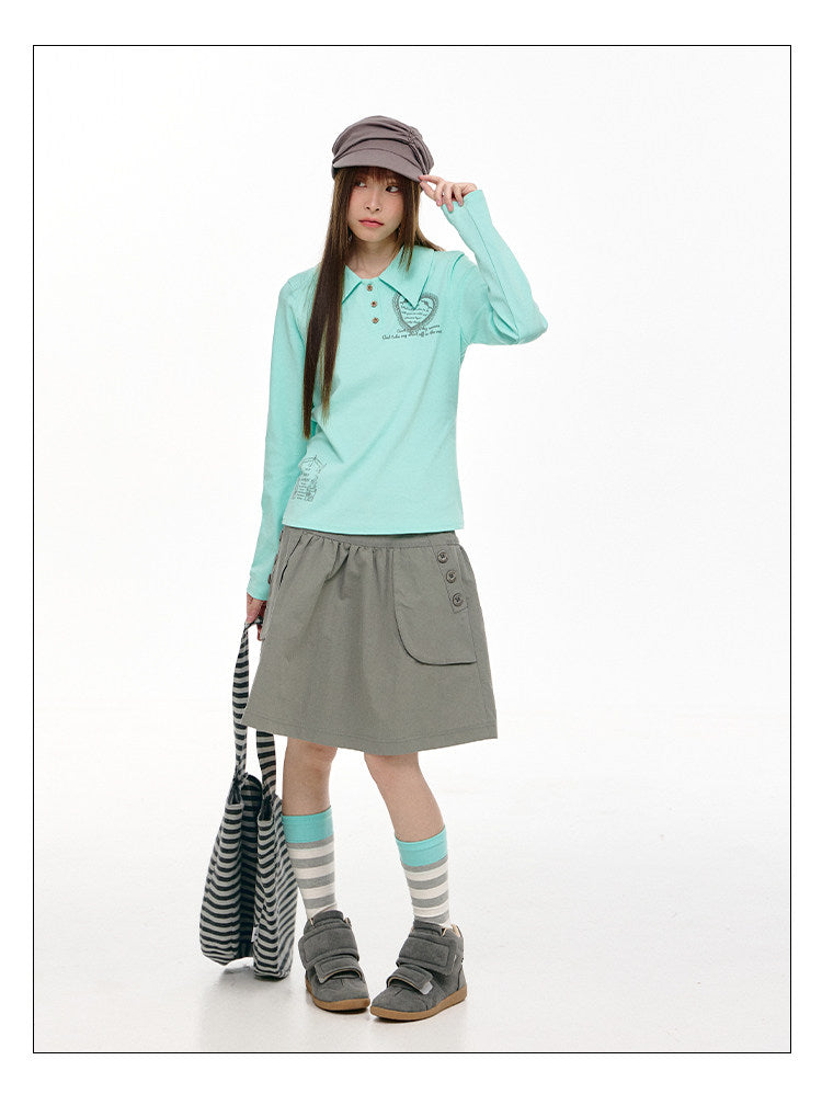 Mint Heart Graphic Long Sleeve Polo Top