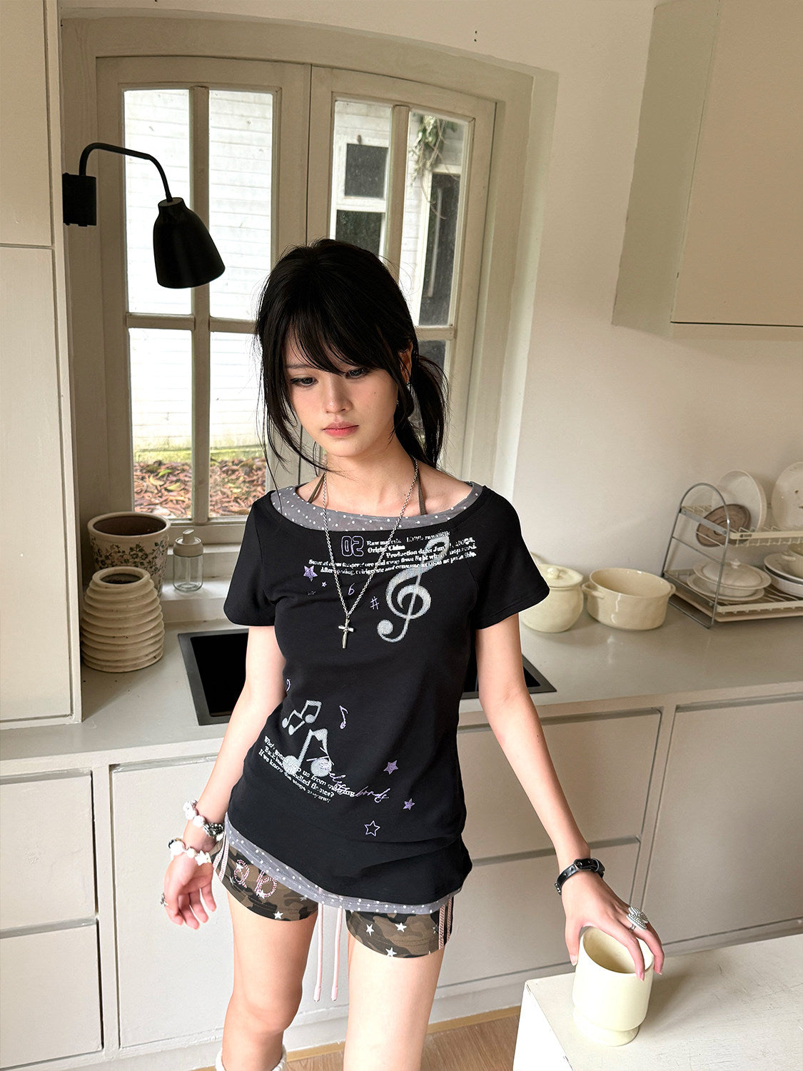 Asymmetric Music Note Faux-Layer Fitted Tee