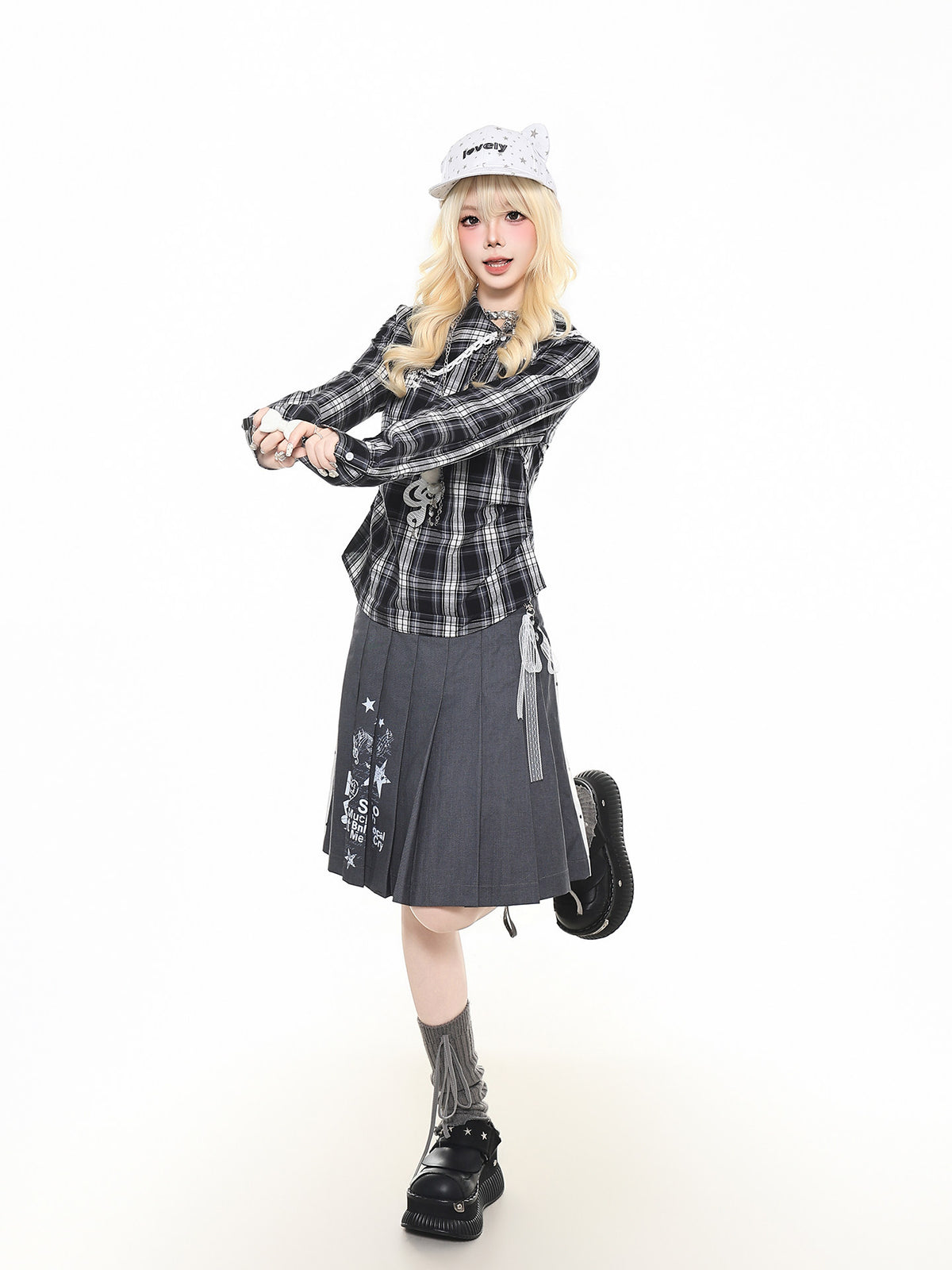 Reversible Star Polka-Dot Pleated Midi Skirt