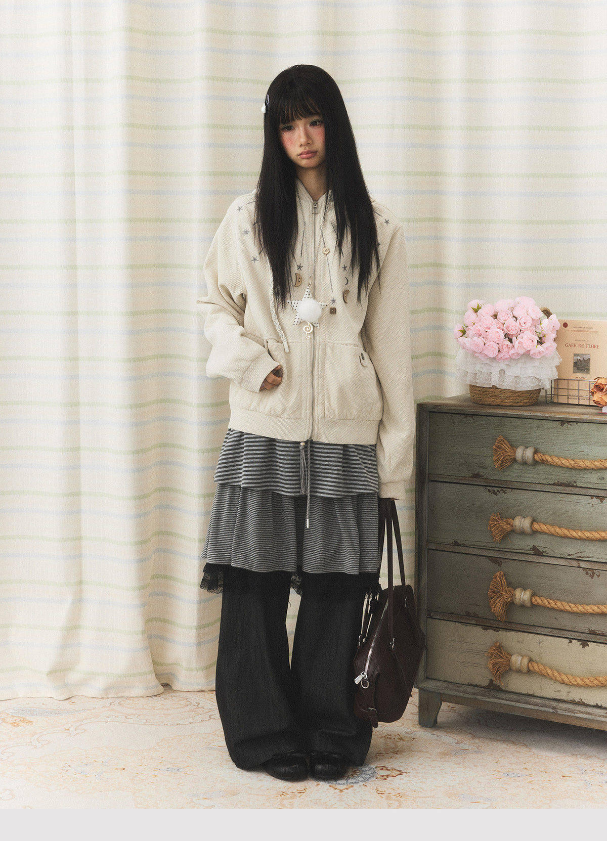 Star & Moon Embroidered Zip-Up Hoodie
