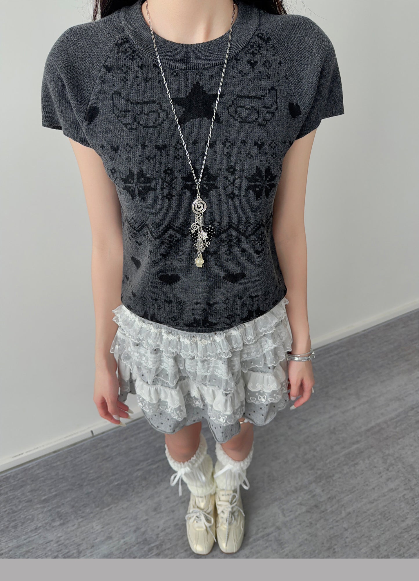 Star Wing Fair Isle Short-Sleeve Knit Top