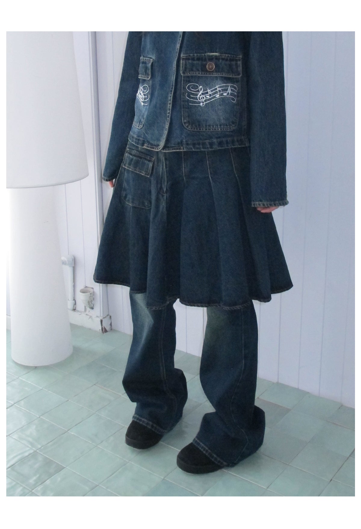 Washed Denim Utility Pleated Skirt
