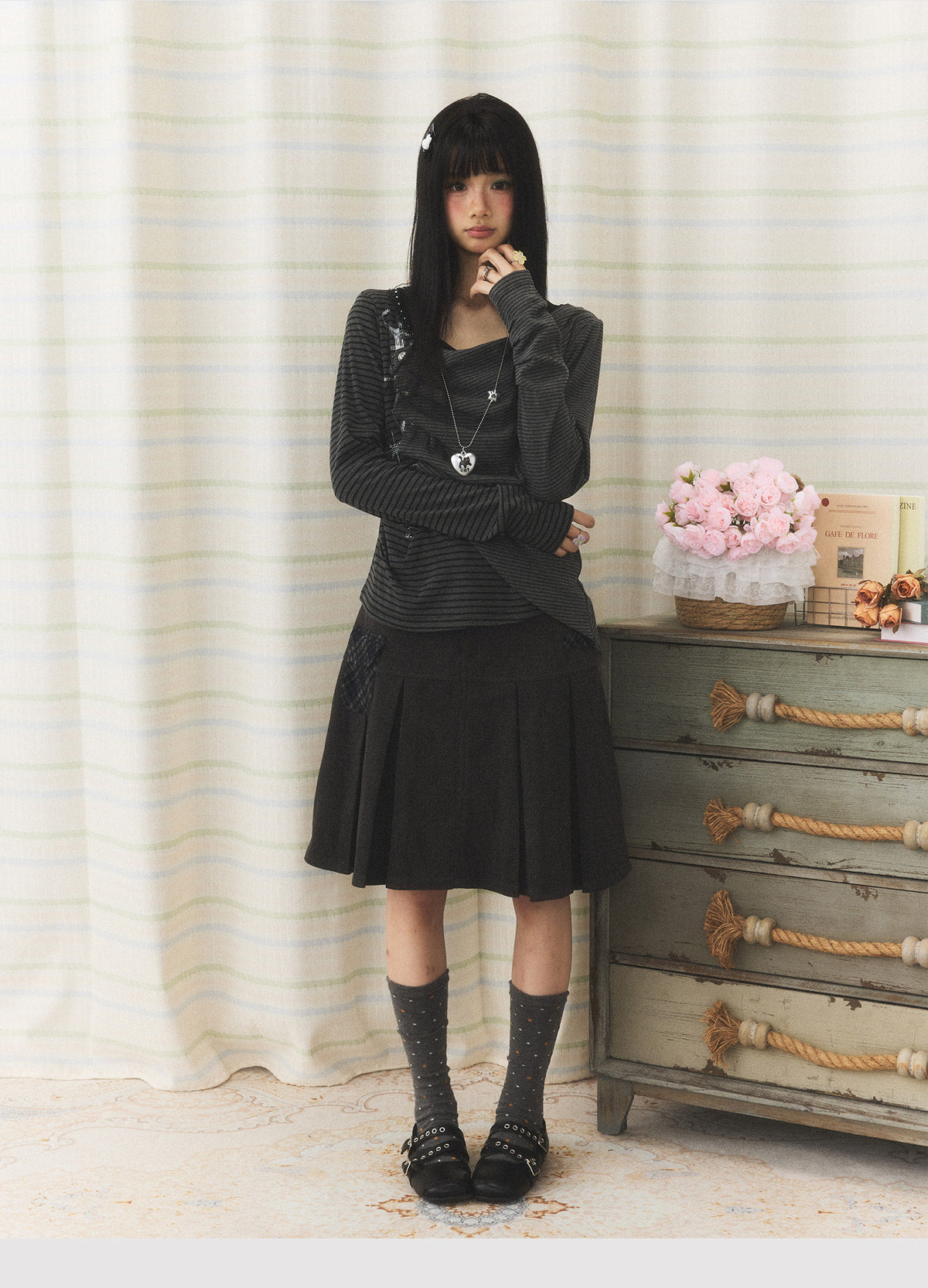 Charcoal Pleated A-Line Skirt