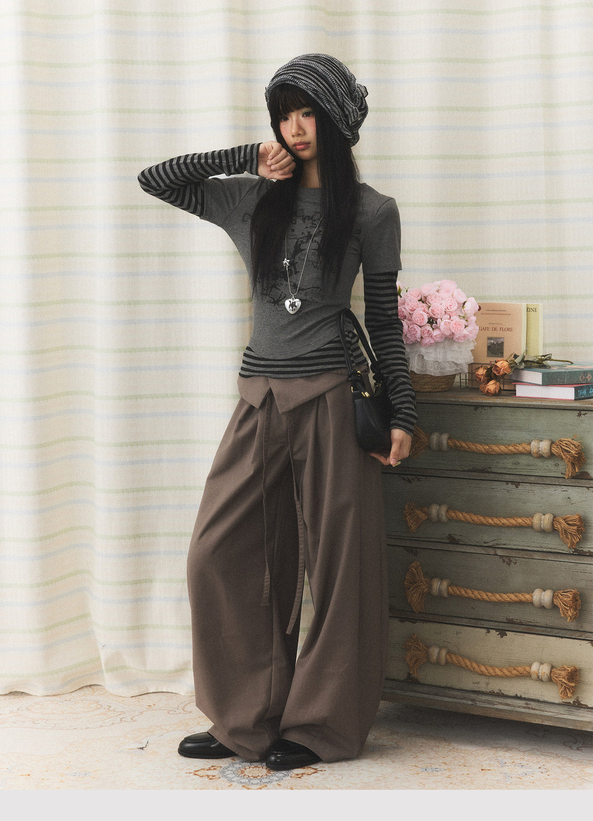Foldover Tie Wide-Leg Trousers