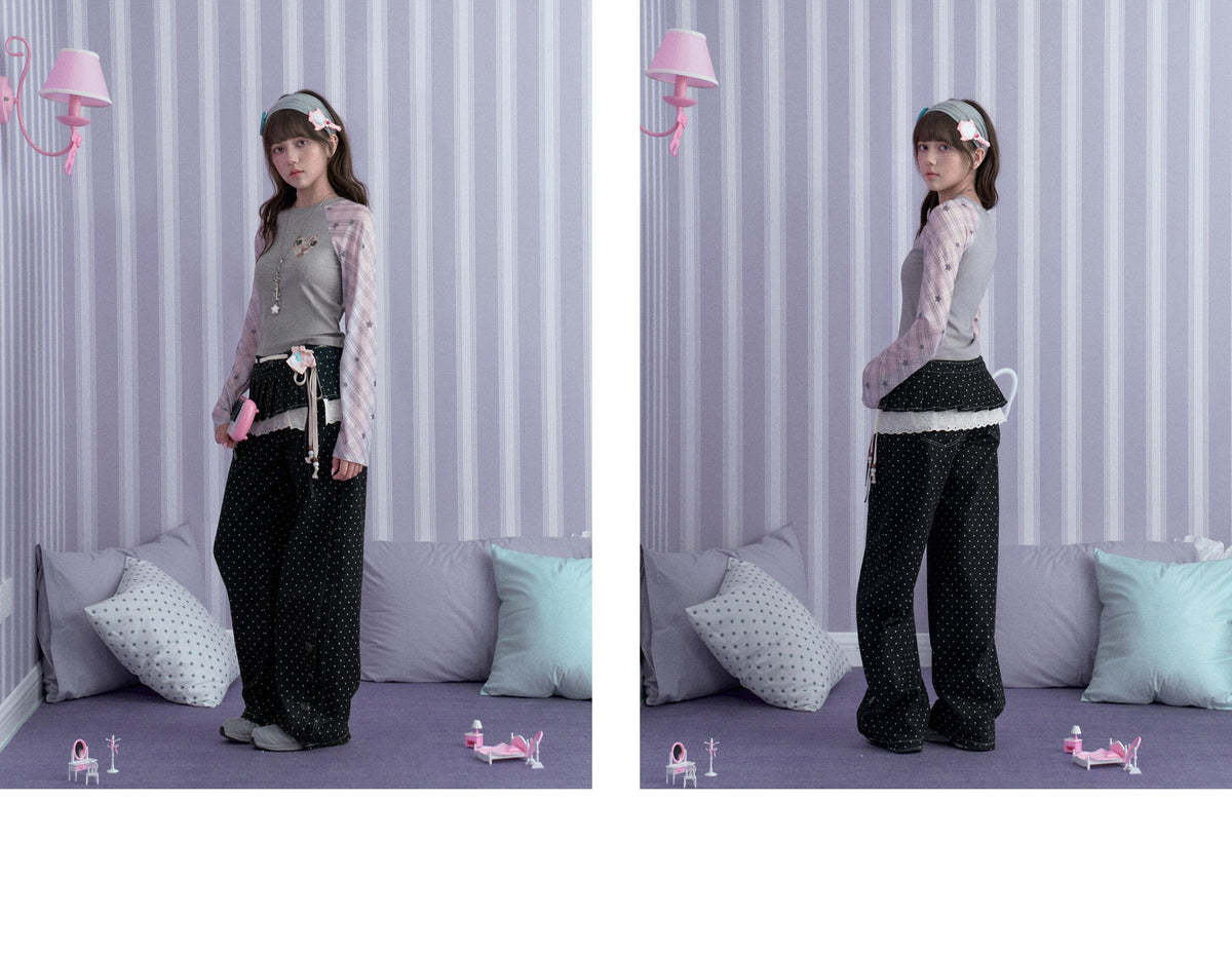Gray-Pink Kitty Plaid Mesh Raglan Long-Sleeve Top