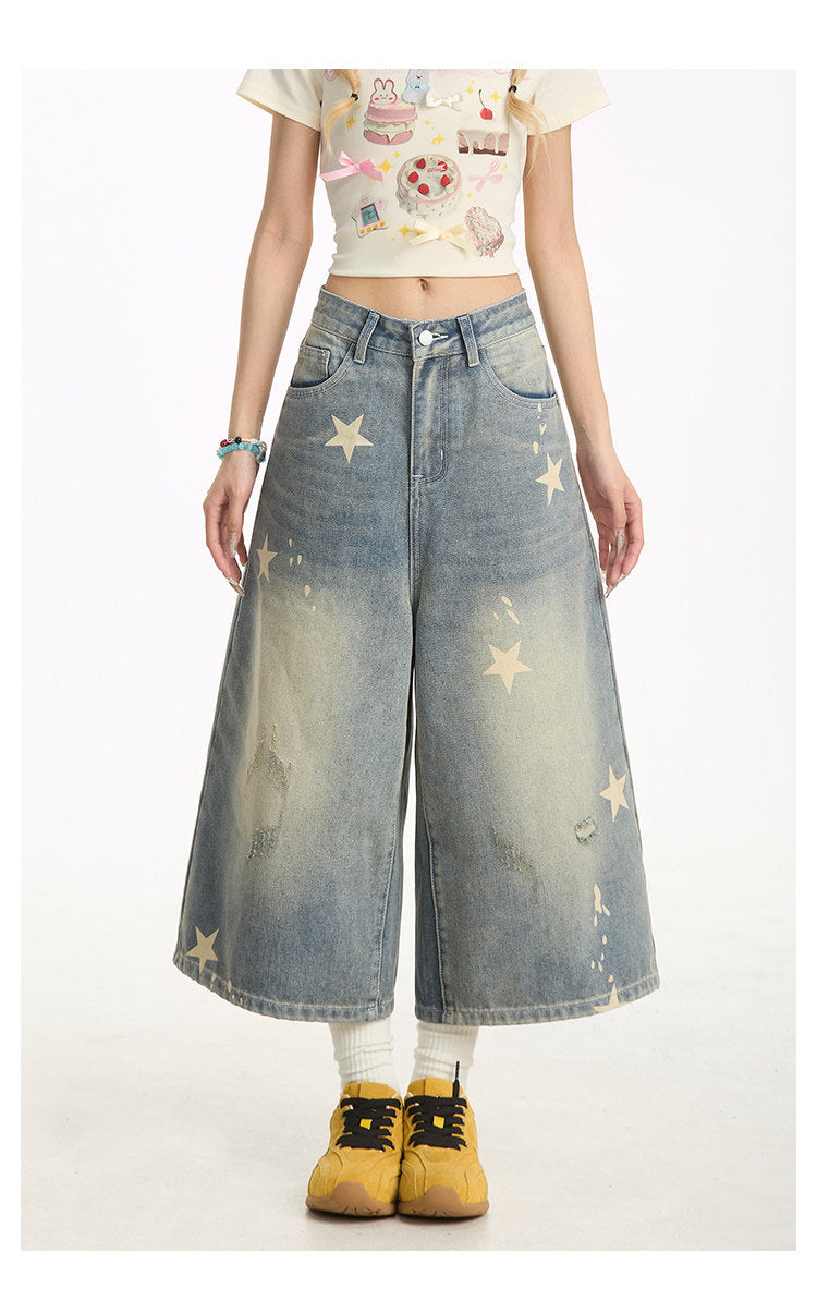 Washed Star Print Wide-Leg Denim Capri Pants