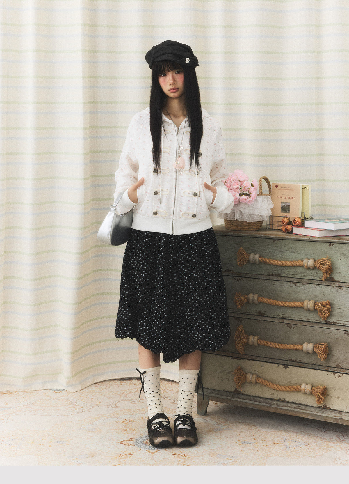 Floral Waffle Toggle Zip-Up Hoodie
