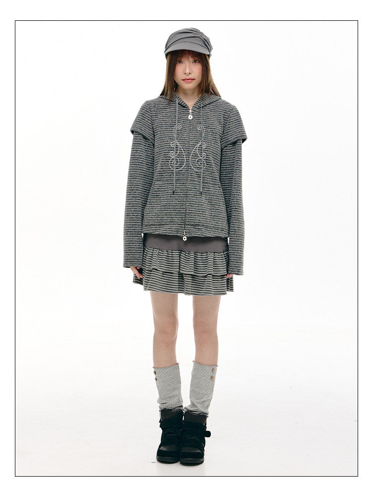 Charcoal Stripe Music Note Faux-Layer Zip Hoodie