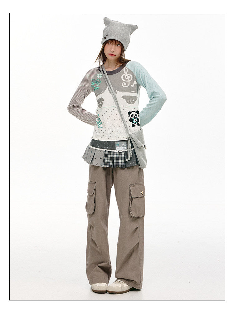 Mint Polka Dot Contrast-Sleeve Graphic Long Sleeve Top