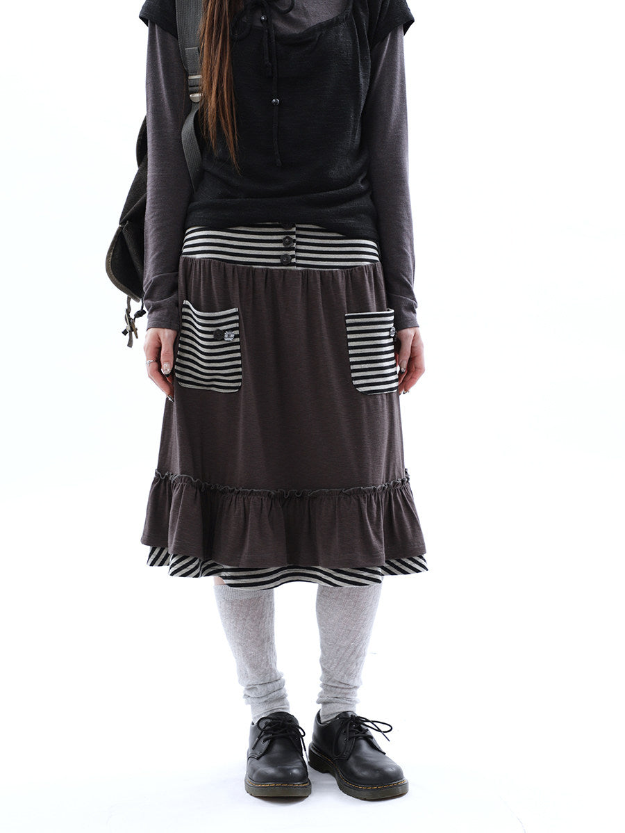 Striped Pocket Ruffle Layered Midi Skirt